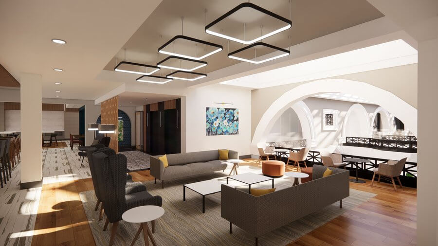 Rendering of the sitting area on the second floor of the Hilton Garden Inn in Downtown Dayton's Historic Dayton Arcade