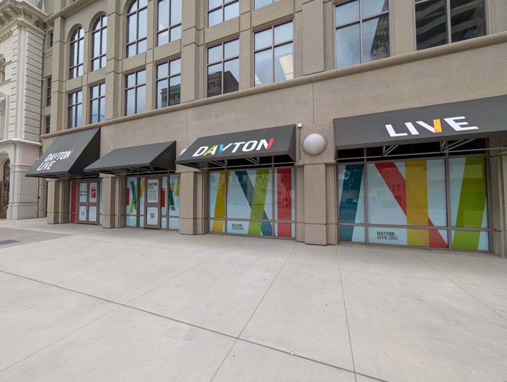 Photo of vinyl graphics placed over the old Uno's Pizzeria in downtown dayton